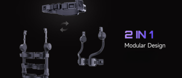 Ascentiz BodyOS modular exoskeleton platform showing interchangeable hip and knee assistance modules on a single lightweight frame