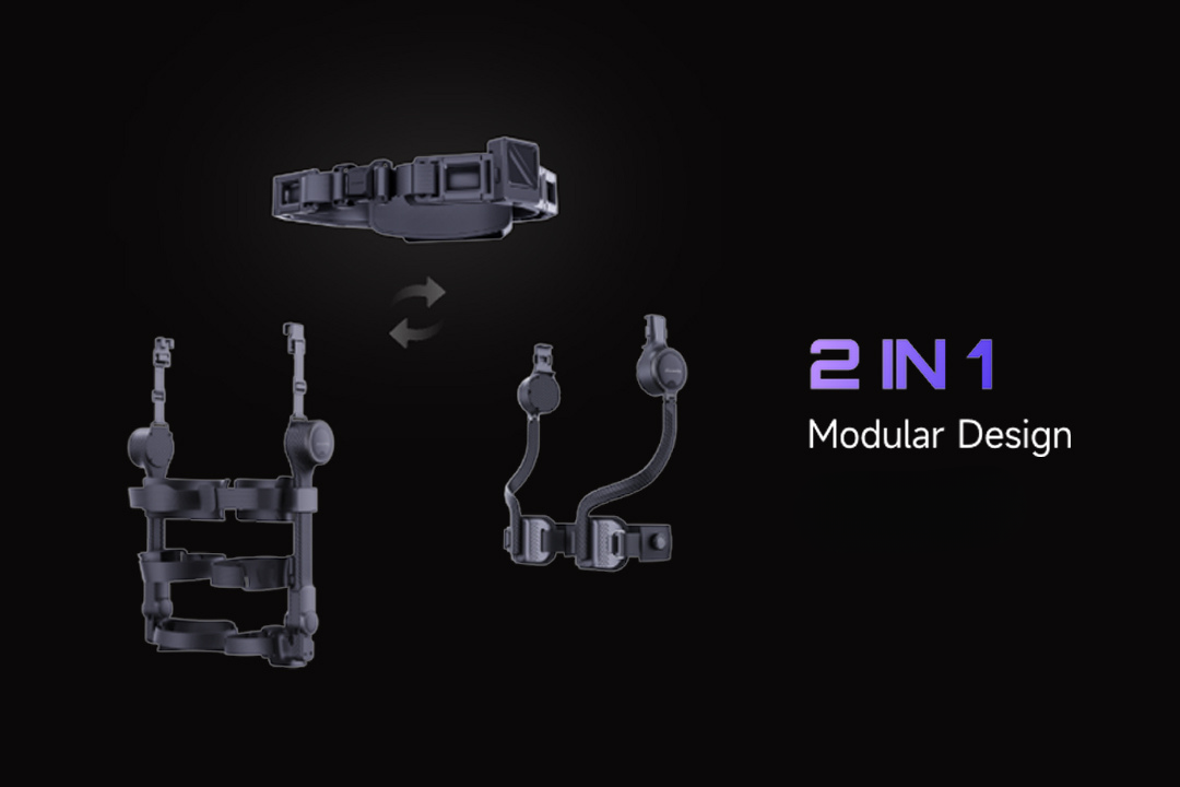 Ascentiz BodyOS modular exoskeleton platform showing interchangeable hip and knee assistance modules on a single lightweight frame